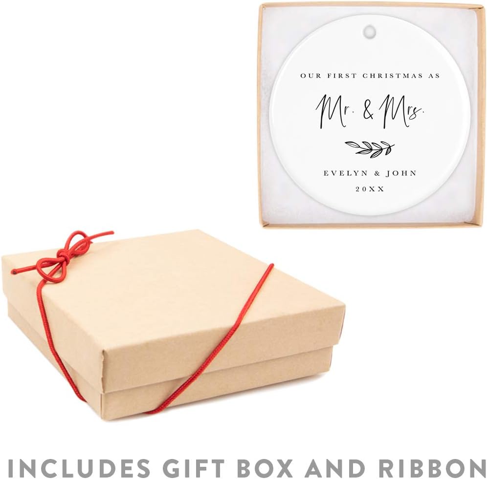 Andaz Press Personalized Wedding Round Ceramic Porcelain Christmas Tree Ornament Engagement Keepsake Collectible Gift Our First Christmas as Mr. & Mrs, Evelyn & John 2024, Antique Handdrawn, 1-Pack