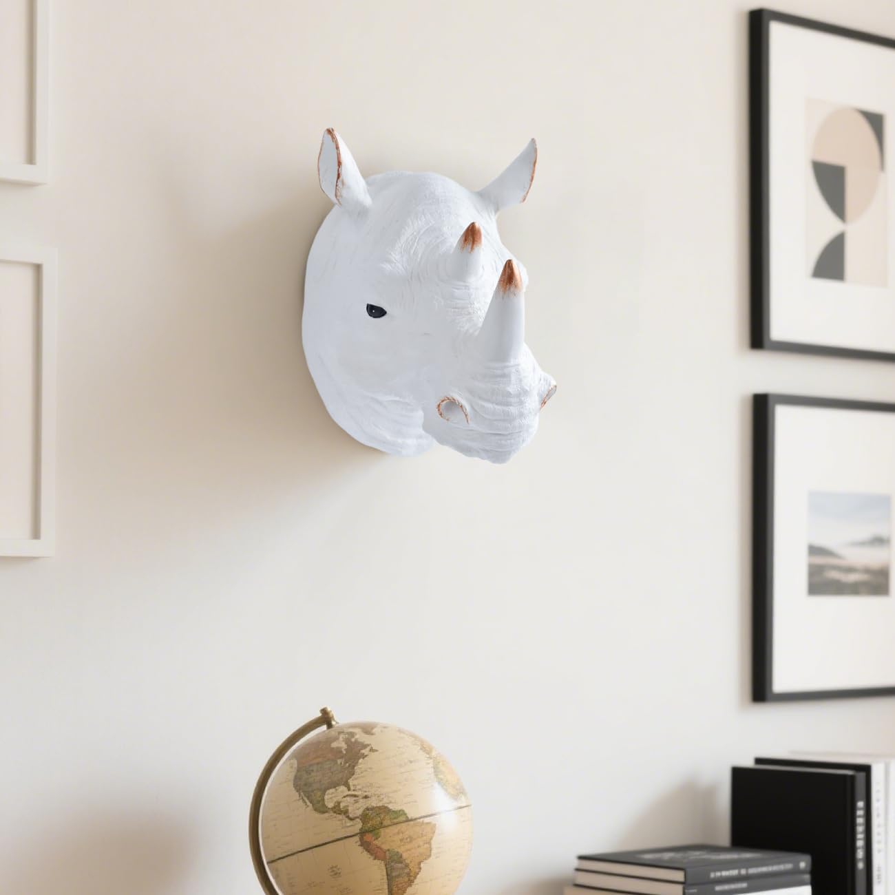 Rhino Head Wall Mount Resin Safari Animal Sculpture, Modern Faux Decor for Living Room Bedroom Office Realistic Wildlife Art Bust White