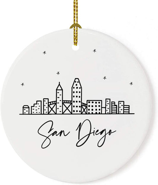 Andaz Press Round Ceramic Porcelain Christmas Tree Ornament Keepsake, San Diego Black and White Stars City Skyline Graphic, 1-Pack, Birthday Gift Idea for Family, Coworker, Him, Her, Includes Gift Box