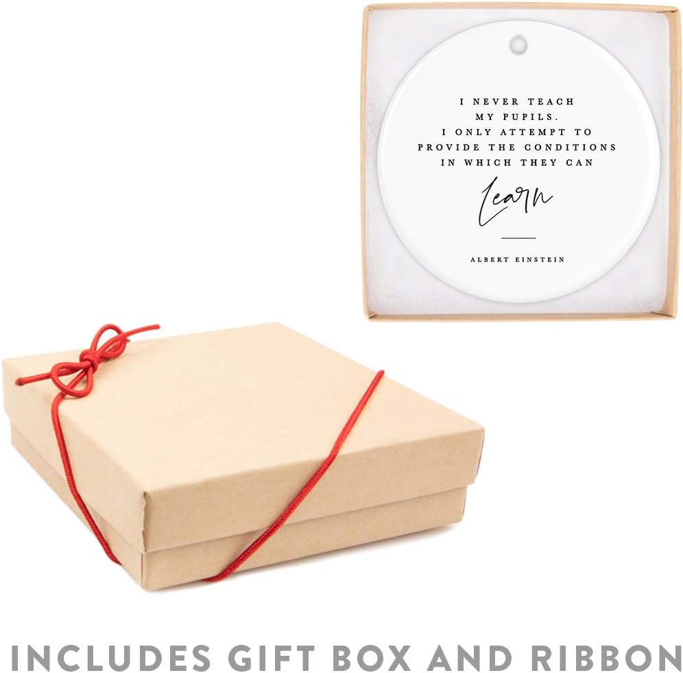 Andaz Press Round Ceramic Porcelain Christmas Tree Ornament for Teacher Thank You Gift, I Never My Pupils, I Only Attempt to Provide The Conditions in Which They can Learn, Albert Einstein, 1-Pack