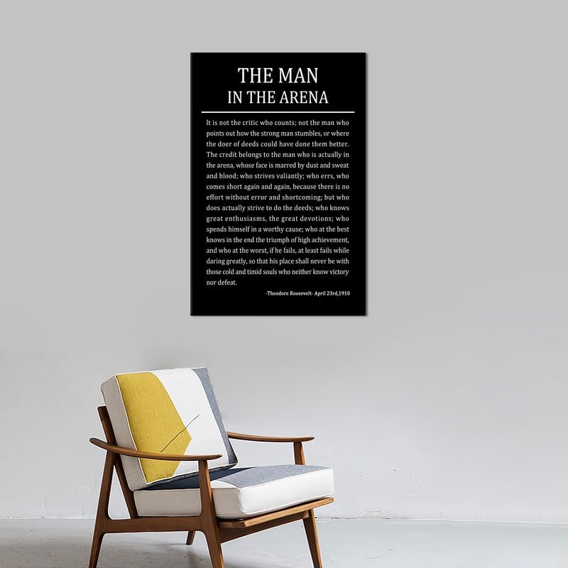 Motivational Poster for Office The Man In The Arena Inspirational Canvas Wall Art Theodore Roosevelt Quotes Prints Artwork for Living Room Home Decor Painting Stretched and Framed [24''Wx 36''H]