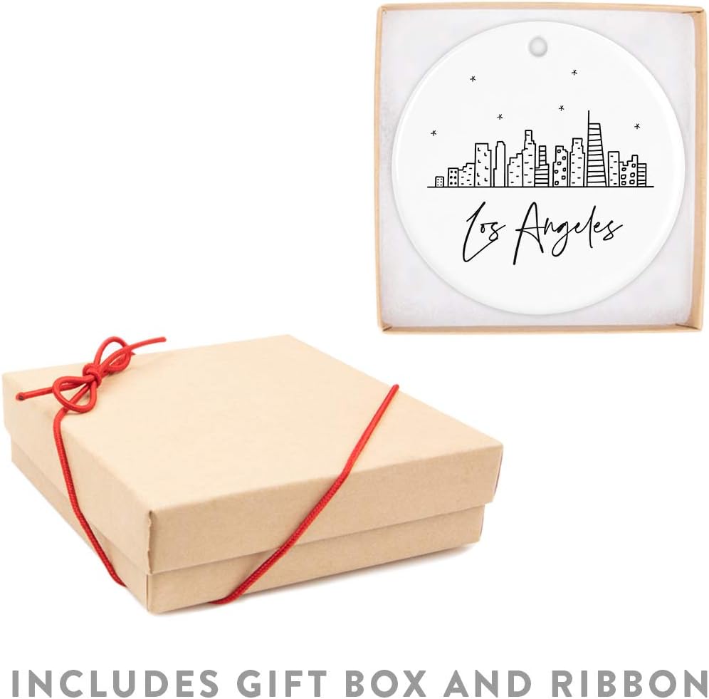 Andaz Press Round Ceramic Porcelain Christmas Tree Ornament Keepsake Gift, Los Angeles, Black and White Stars City Skyline Graphic, 1-Pack, Birthday Ideas Family Coworker Him Her, Includes Gift Box