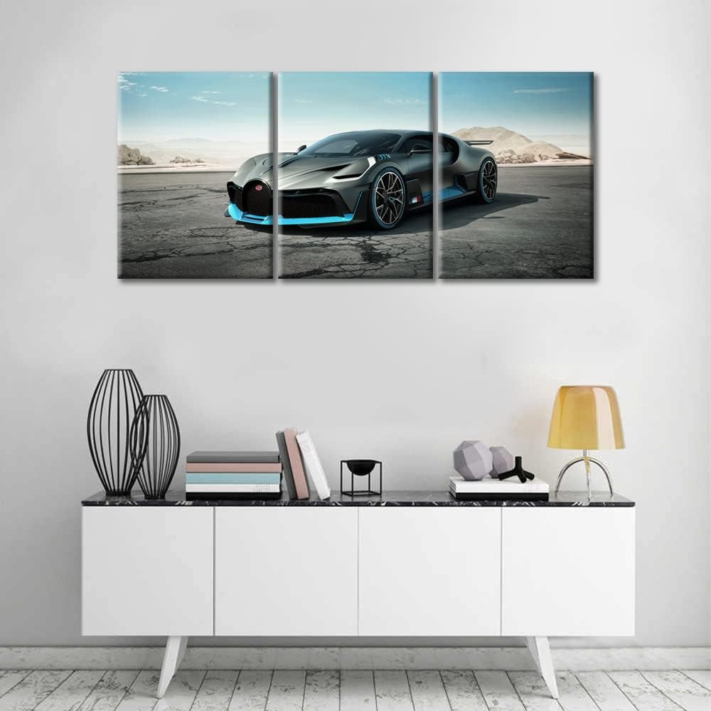 Gray Sports Car Canvas Wall Art for Living Room Home Decor Supercar Speed Car Poster Prints on Canvas Blue Sky Wall Decorations for Men Boys Bedroom Bathroom Office Framed Ready to Hang, 36" Wx16 H