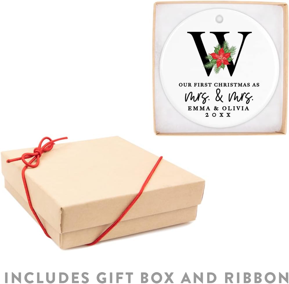 Andaz Press Personalized Our First Christmas As Mrs. & Mrs. 2025 Christmas Ornaments Monogram Poinsettia 2.8" Round Porcelain Ceramic Lesbian Married Couple Gay Women Newlyweds Wedding Keepsake 1-Pack