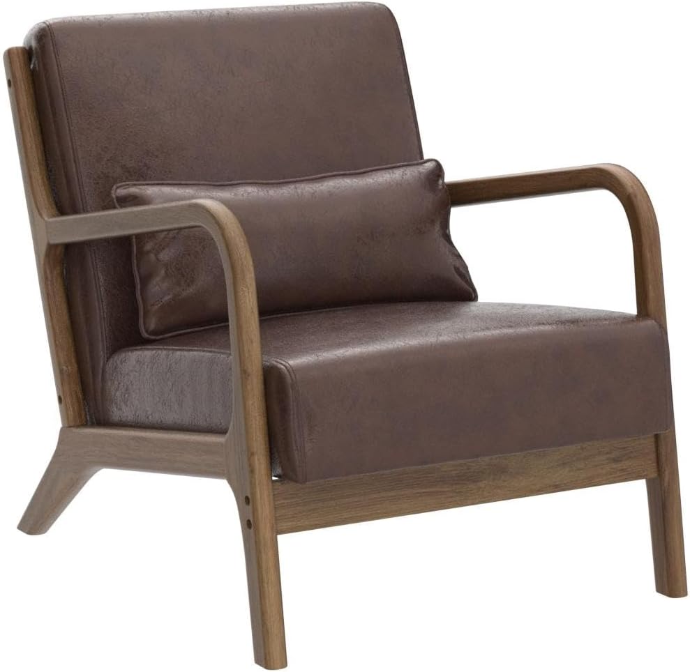 Glitzhome 2 Set Mid Century Coffee Accent Armchair, Single Reading Armchair PU Leather Lounge Chair with Walnut Ruberwood Frame