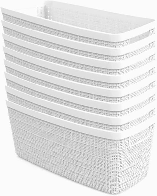 Curver Jute Decorative Plastic Organization and Storage Basket Perfect Bins for Home Office, Closet Shelves, Kitchen Pantry and All Bedroom Essentials, Slim, White, Set of 8