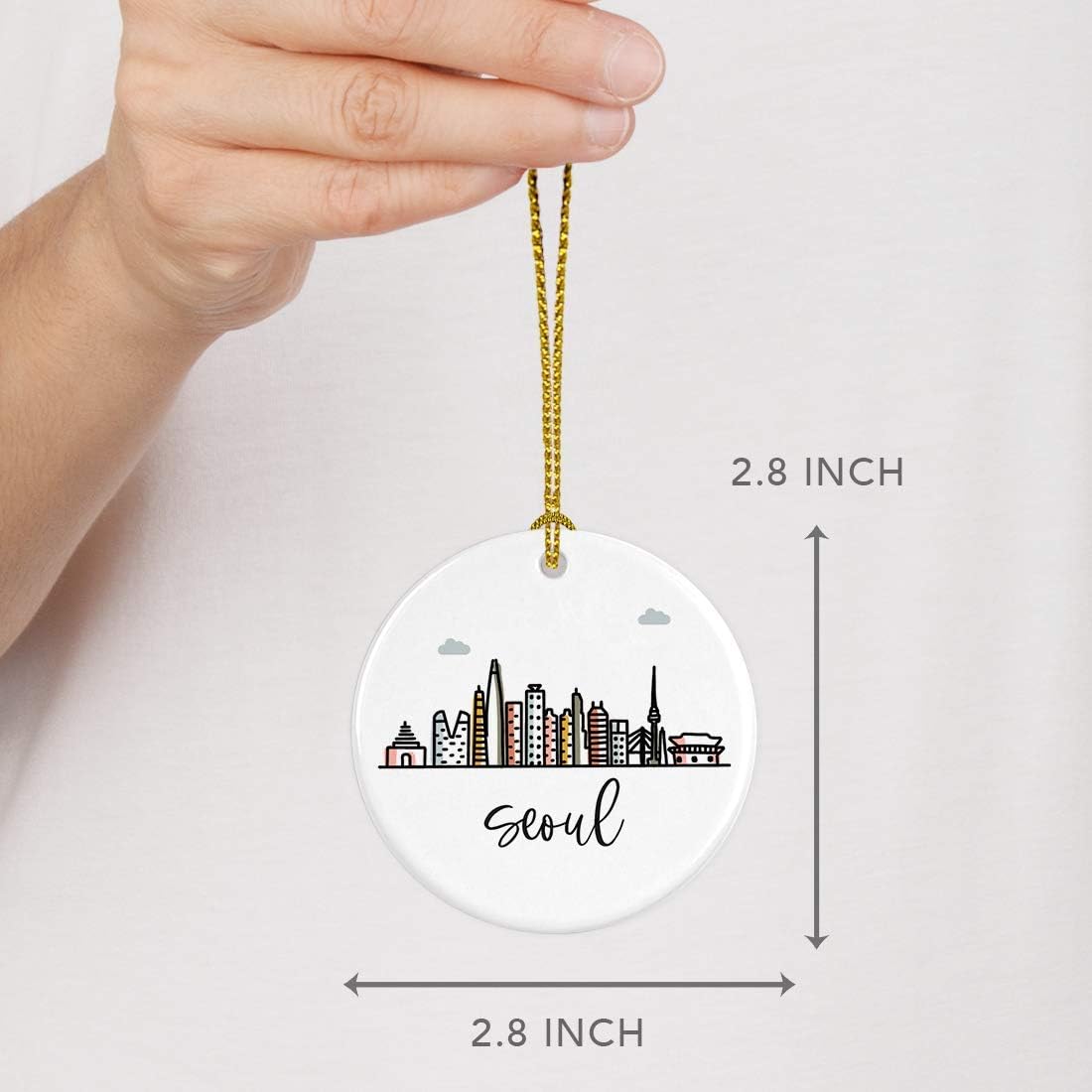 Andaz Press Round Ceramic Porcelain Christmas Tree Ornament Keepsake Gift, Seoul, Colorful International City Skyline Graphic, 1-Pack, Birthday Ideas Family Coworker Him Her, Gift Box