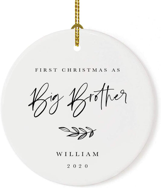 Andaz Press Personalized Sibling Round Ceramic Porcelain Christmas Tree Ornament Keepsake Collectible Gift, First Christmas as Big Brother William 2025, Antique Handdrawn, 1-Pack