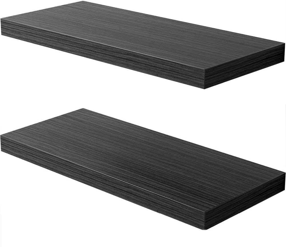 Floating Shelf, Set of 2 Wall Shelf, 24 in W x 12.75 in D x 2 in H Wooden Floating Wall Shelf with Invisible Brackets for Living Room/Bedroom/Bathroom/Kitchen Storage and Decor, Black Wood