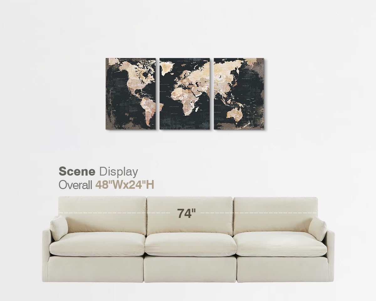 Office Wall Art for Living Room Bedroom Wall Decor Framed World Maps Black White Brown Pictures for Wall Decorations Vintage Decor