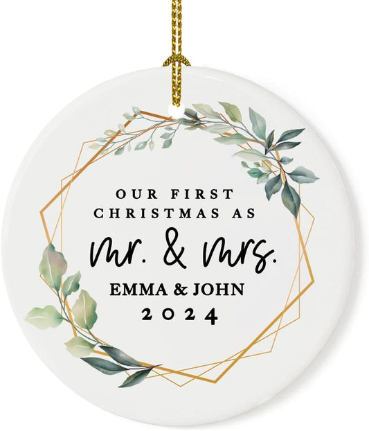 Andaz Press Personalized Our First Christmas As Mr. & Mrs. 2025 Christmas Ornaments Geometric Greenery 2.8" Round Porcelain Ceramic 1st Year Married Custom Ornament for Newlyweds Keepsake 1-Pack