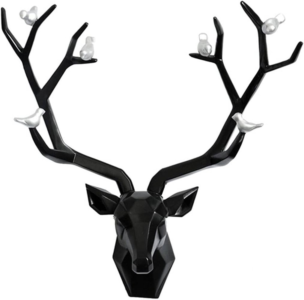 Deer Head Wall Decor Geometric Rustic Wall Mounted Deer Head, Faux Taxidermy Animal Head Wall Art Pendant, Handmade Resin Head Sculptures for Porch, Detachable Antlers, 6 Styles(Black,20.1x20.4IN)