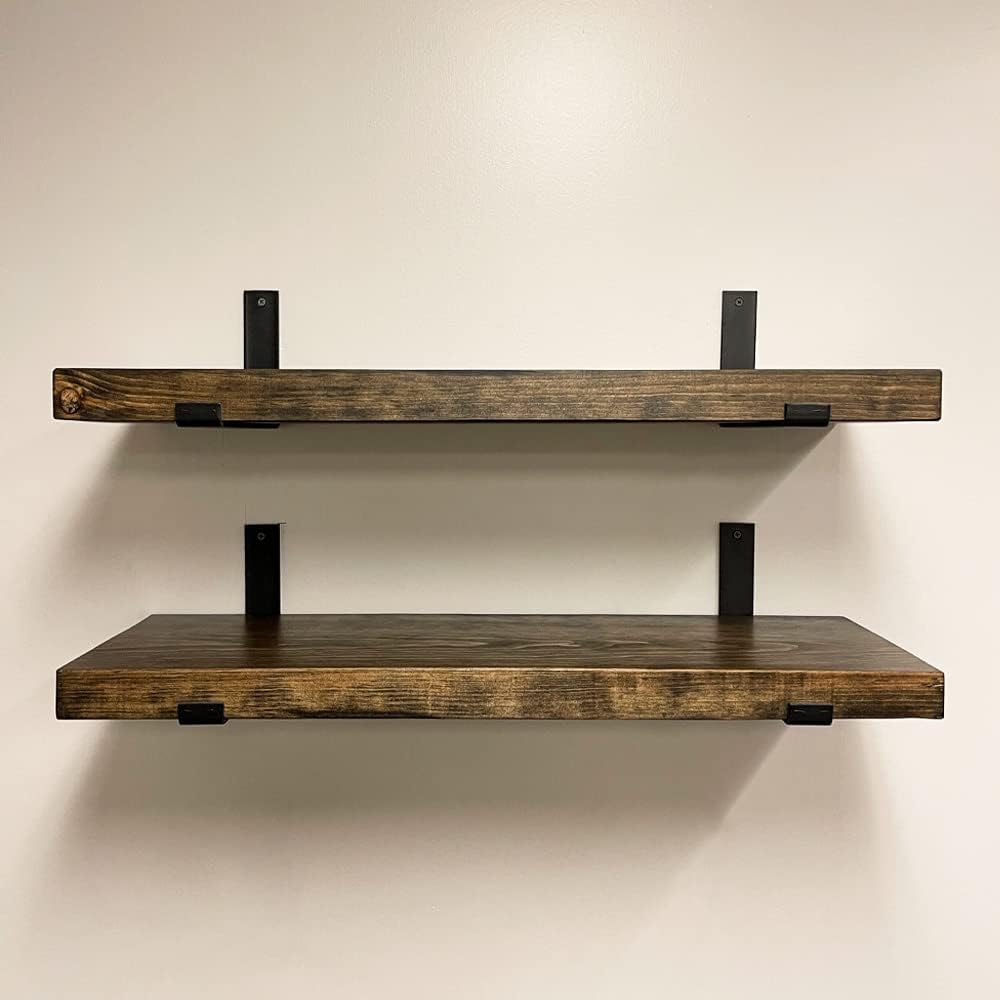 Rustic Shelves with J-Brackets Set of 2, Industrial Shelf, Kitchen Shelves, Solid Wood, Decorative Wall Storage, Heavy Duty, URBANDI (Dark Brown, 24Wx6D)