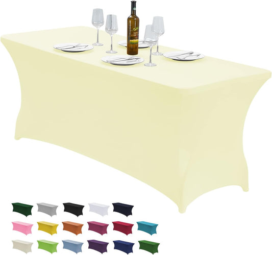CWK 4FT Waterproof Stretch Spandex Table Cover for Rectangular Tables - Elastic Fitted Tablecloth for Folding Tables,Wrinkle Resistant Table Cloth for Parties, Weddings, Banquets & Events (Beige)