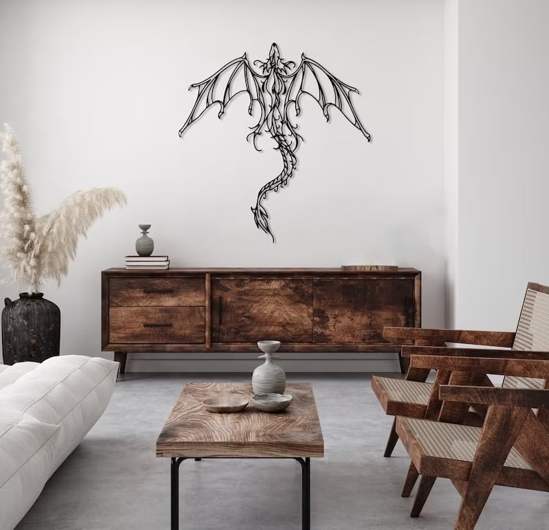 Dragon Metal Wall Art | Legendary Fantastic Dragon Wall Decor | Mythologic Wall Hanging | Man Cave Decorative | Mythic Wyvern Sculpture for Living Room Bedroom Game Room (Black - 38.9'' x 37.4'' / 100