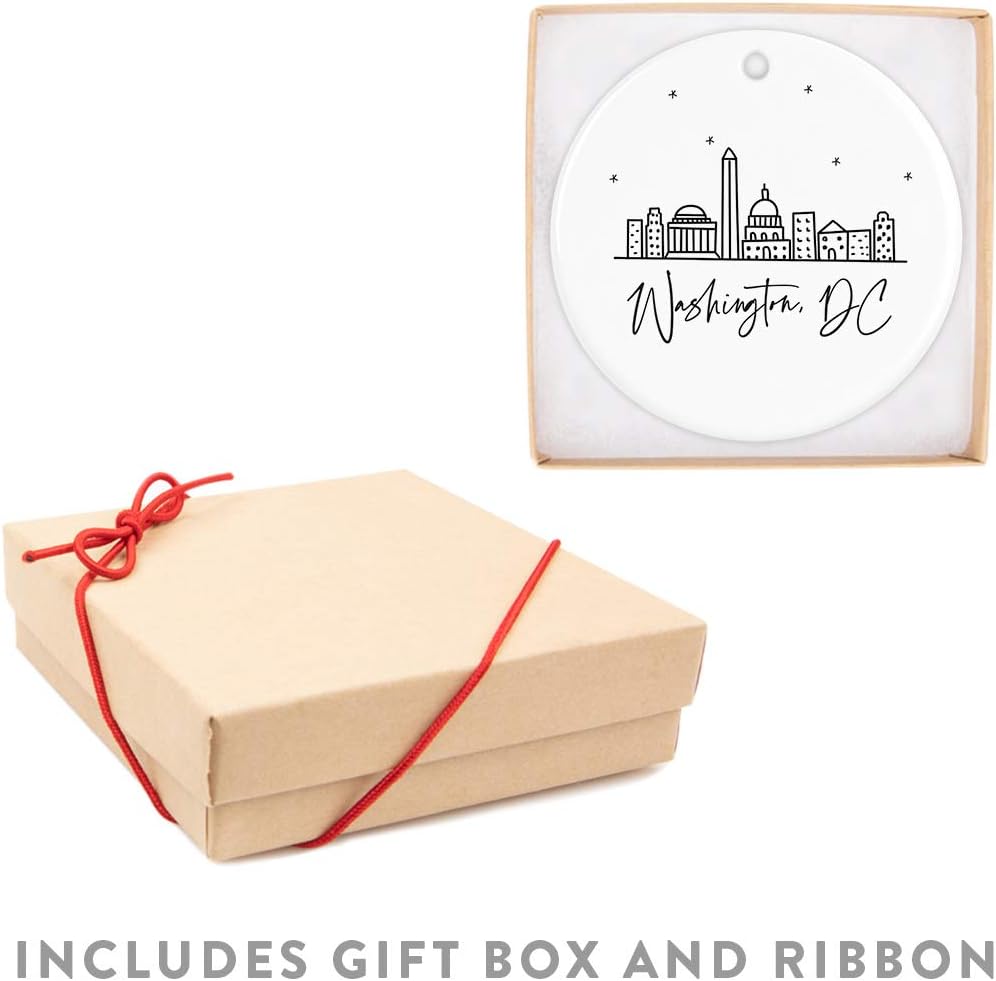Andaz Press Round Ceramic Porcelain Christmas Tree Ornament, Washington, DC, Black and White Stars City Skyline, 1-Pack, Birthday Family Coworker, Includes Gift Box Washington DC Christmas Ornament