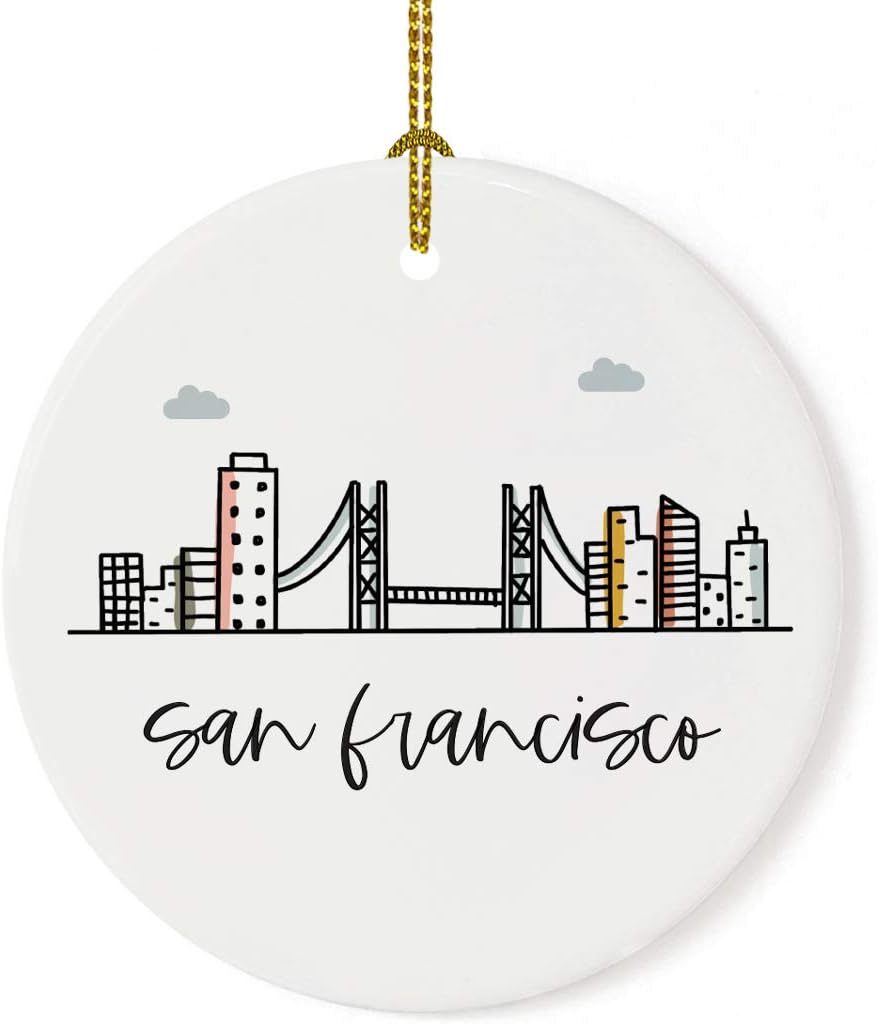 Andaz Press Round Ceramic Porcelain Christmas Tree Ornament Keepsake, San Francisco, Colorful City Skyline Graphic, 1-Pack, Birthday Gift Ideas Family Coworker Him Her, Includes Gift Box
