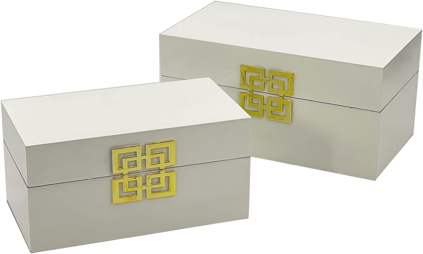 Galt International Large & Small Decorative Storage Box w/Hinged Lid - Classic Design Wood Decor Boxes with Geometric Opening Clasp - Home & Office Storage - Set of 2 (White + Gold)