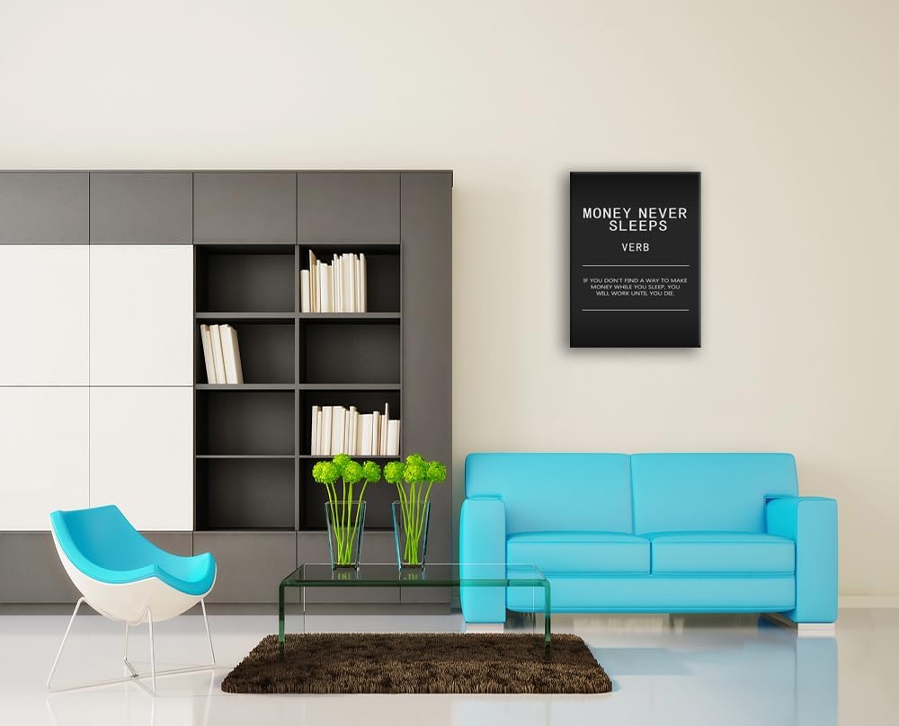 Inspirational Office Framed Canvas Wall Art Money Never Sleeps Verb Black and White Motivational Quotes Paintings Artwork Wall Home Living Room Bedroom Decor Framed and Stretched[30" W X 40" H]
