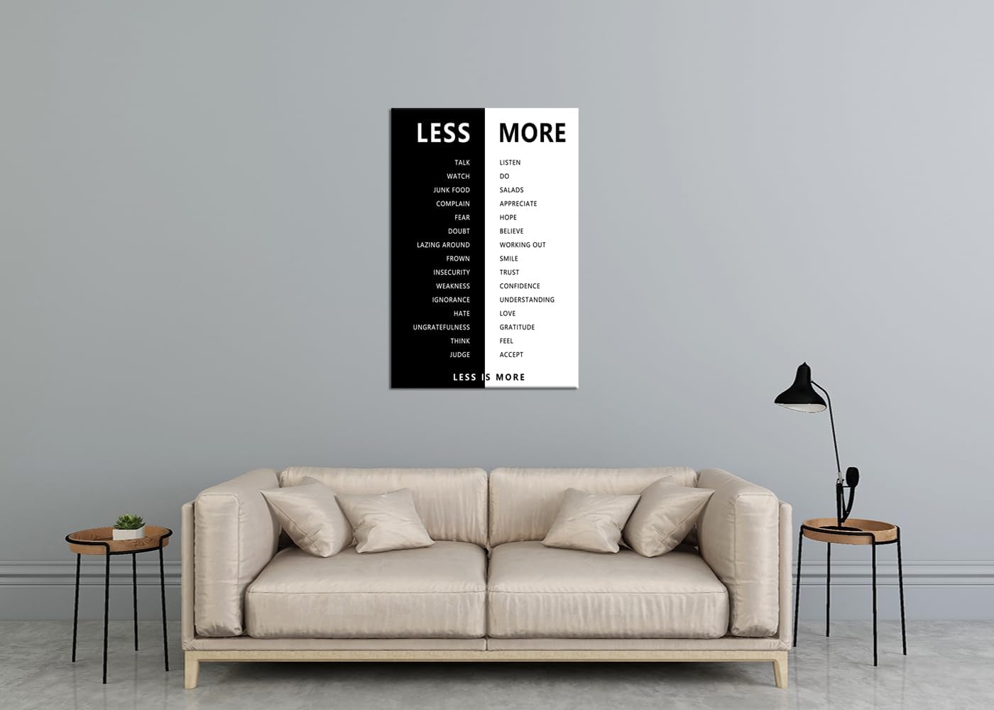 Motivational Print Wall Art for Office Black and White Less is More Inspirational Poster Inspiring Picture Painting Modern Artwork for Home Bedroom Living Room Office Decor Frame[24''W X 36''H]
