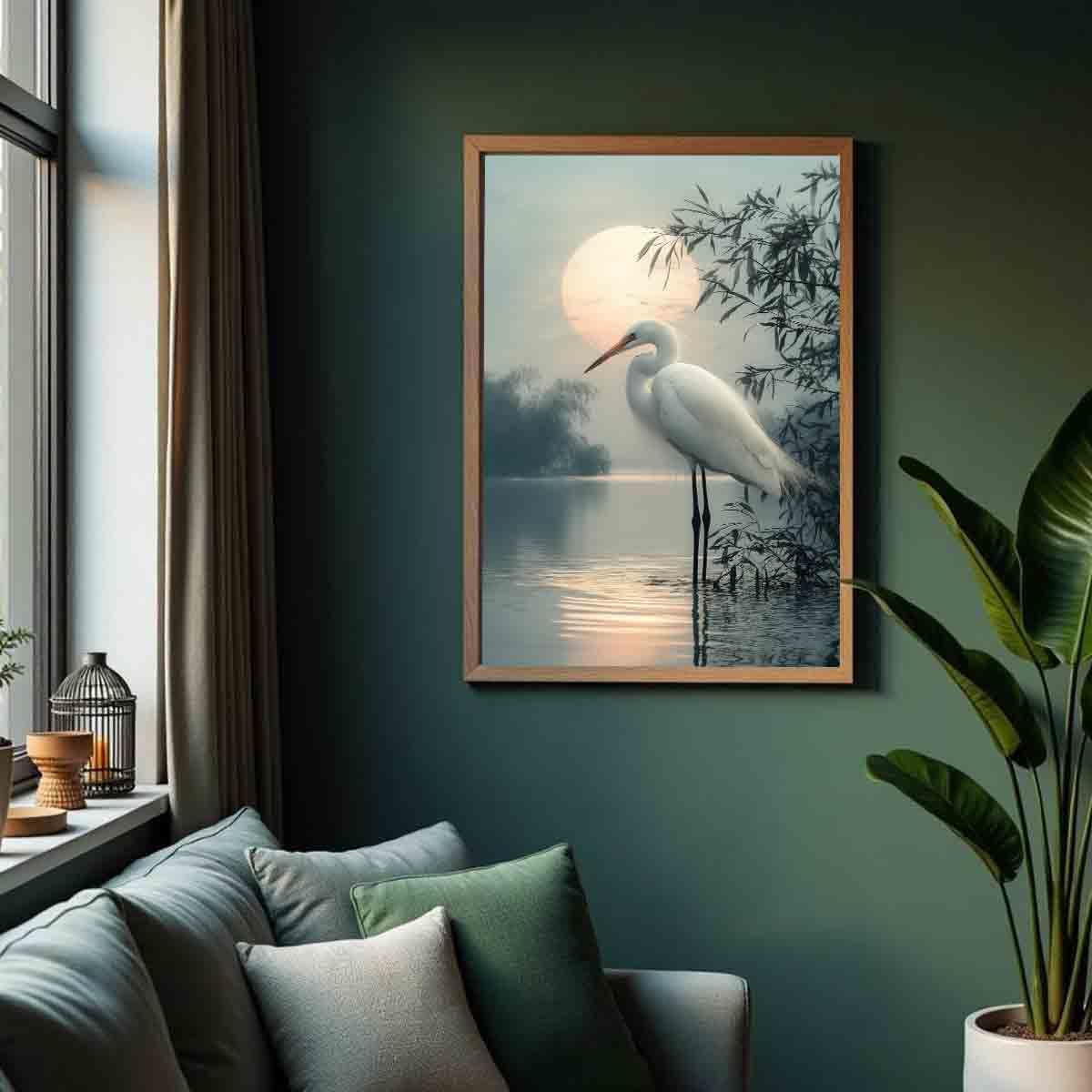 White Heron Wall Art Watercolor Heron Print Vintage Crane Bird Pictures Japanese Crane Painting Watercolor Bird Artwork Sunset Abstract Wall Art Coastal Living Room Decor 16x24inch No Frame