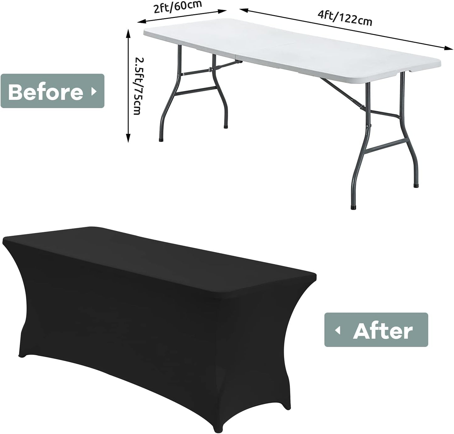 CWK 4FT Waterproof Stretch Spandex Table Cover for Rectangular Tables - Elastic Fitted Tablecloth for Folding Tables,Wrinkle Resistant Table Cloth for Parties, Weddings, Banquets & Events (Black)