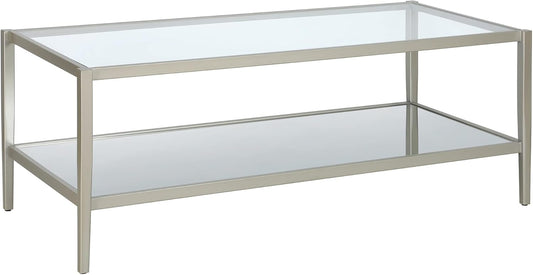 Henn&Hart 45" Wide Rectangular Coffee Table with Mirror Shelf in Satin Nickel, Coffee Table coffee tables for living room, studio apartment essentials