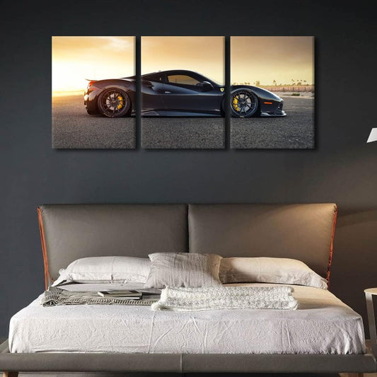 TUMOVO Black Supercar at Sunset Canvas Prints Hypercar Wall Art Paintings Sports Car Posters Stretched Pictures for Living Room 3 Pieces Modern Home Decor Framed Wall Art Decorations, 36" Wx16 H