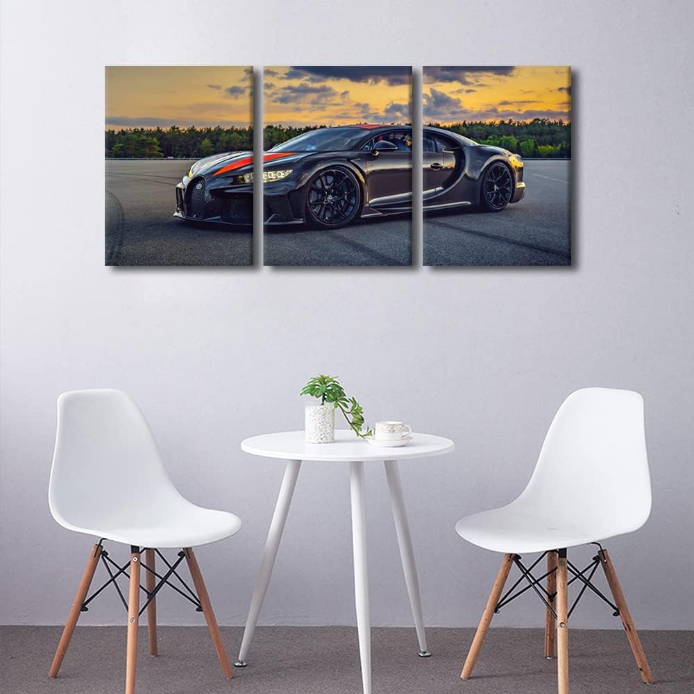 Black Sports Car Canvas Wall Art for Living Room Super Car Modern Abstract Painting Hypercar at Sunset Picture for Men Boys Bedroom 3 Pieces Office Home Wall Decorations Frame Wall Decor, 36"Wx16"H