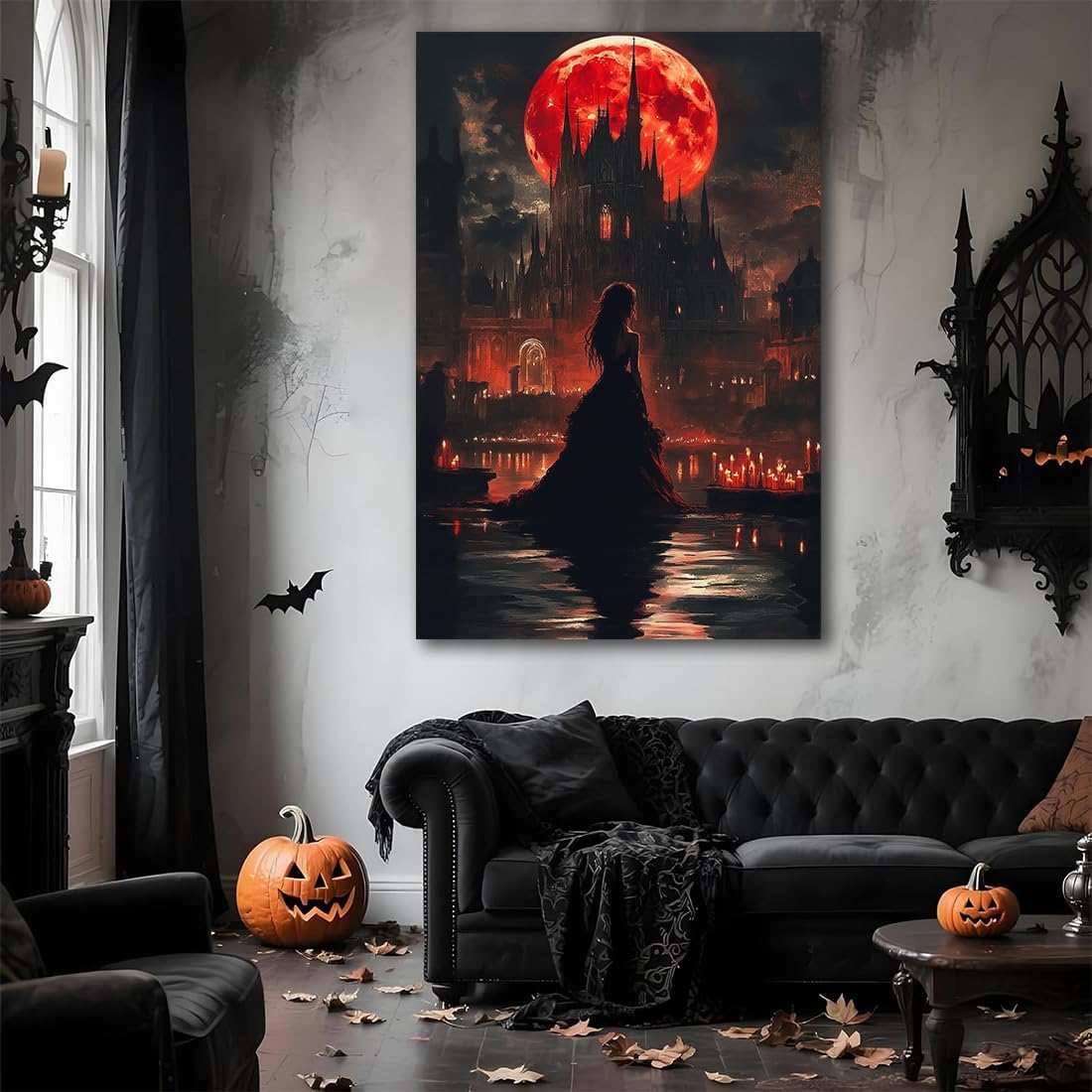Halloween Witch Poster Canvas Prints Art Vintage Decor,Red Castle Blood Moon and Witch Scene Gothic Painting,Rustic Dark Academia Wall Art for Bathroom Spooky Living Room Wall Decor,20"x30" Unframed