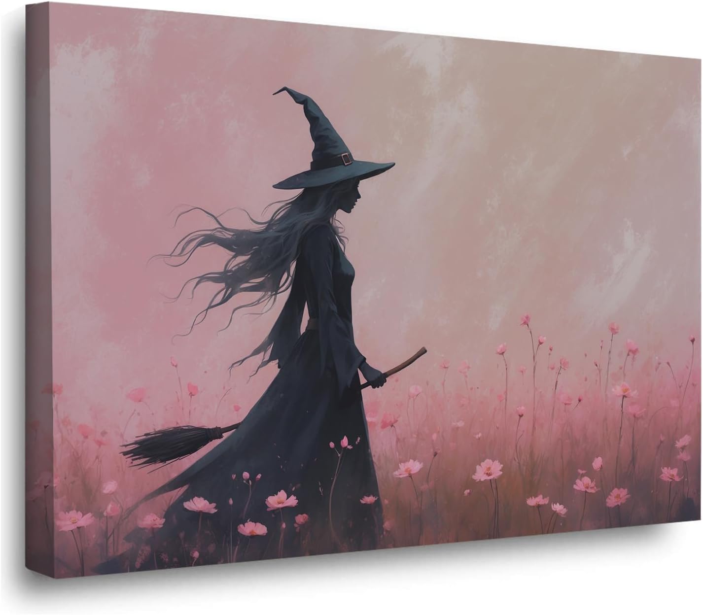 Witch in the pink sea of flowers Halloween prints weird flowers wall art silhouette painting fashionable romantic decoration suitable for bedroom28x40in Wood Framed