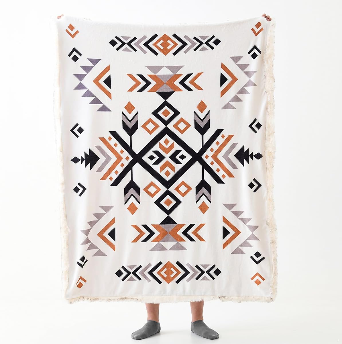 Luxury Plush Faux Fur Throw Blanket with Aztec Pattern, Super Warm, Fuzzy, Elegant, Fluffy Decoration Blanket for Couch, Armchair, Sofa and Bed, 60''x 80'', Cream