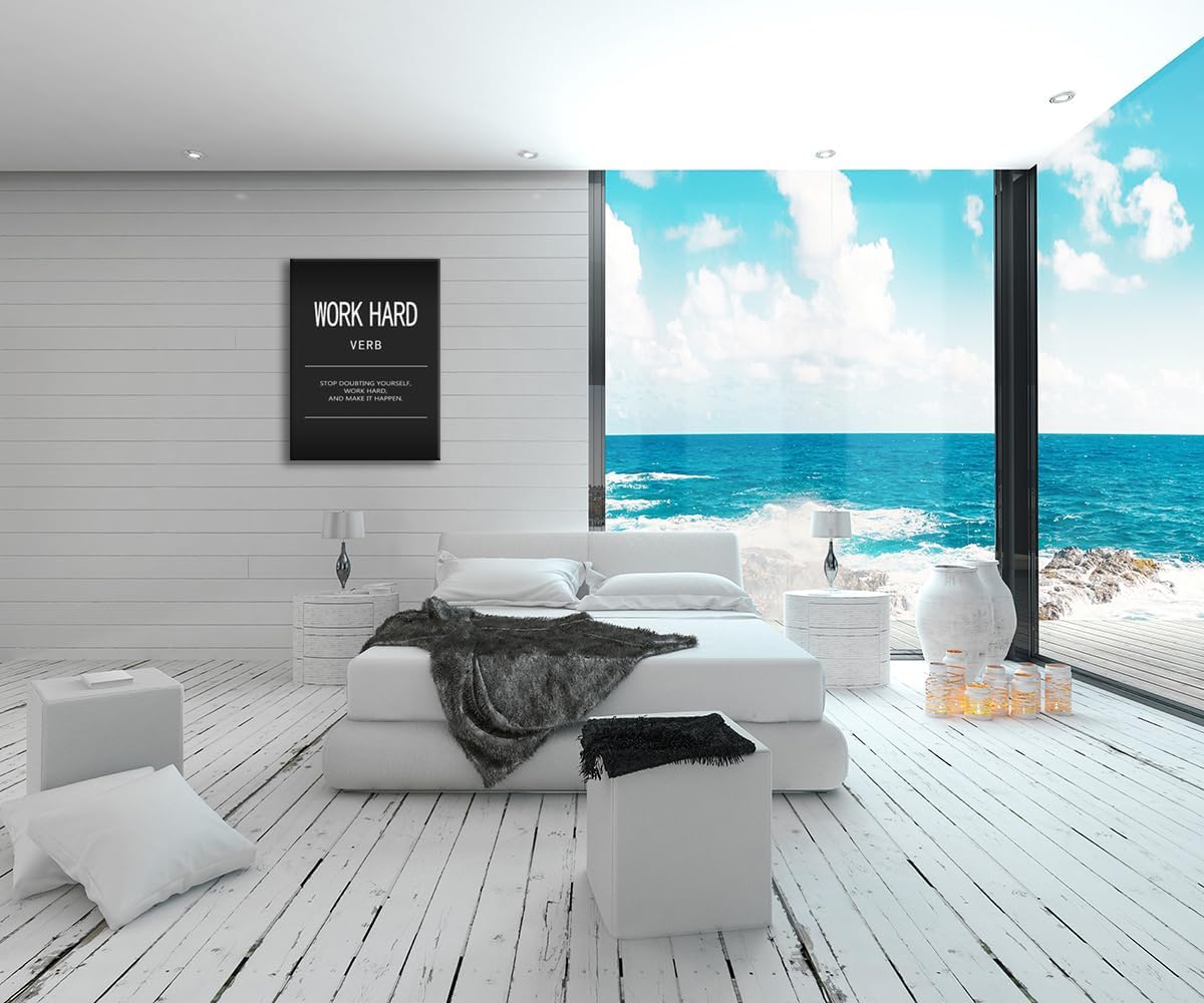 Motivational Wall Art Office Decor Inspirational Quotes Canvas Painting Work Hard Verb Pictures Posters and Prints Artwork Modern Gym Living Room Wall Decor Framed Ready to Hang[30" W X 40" H]