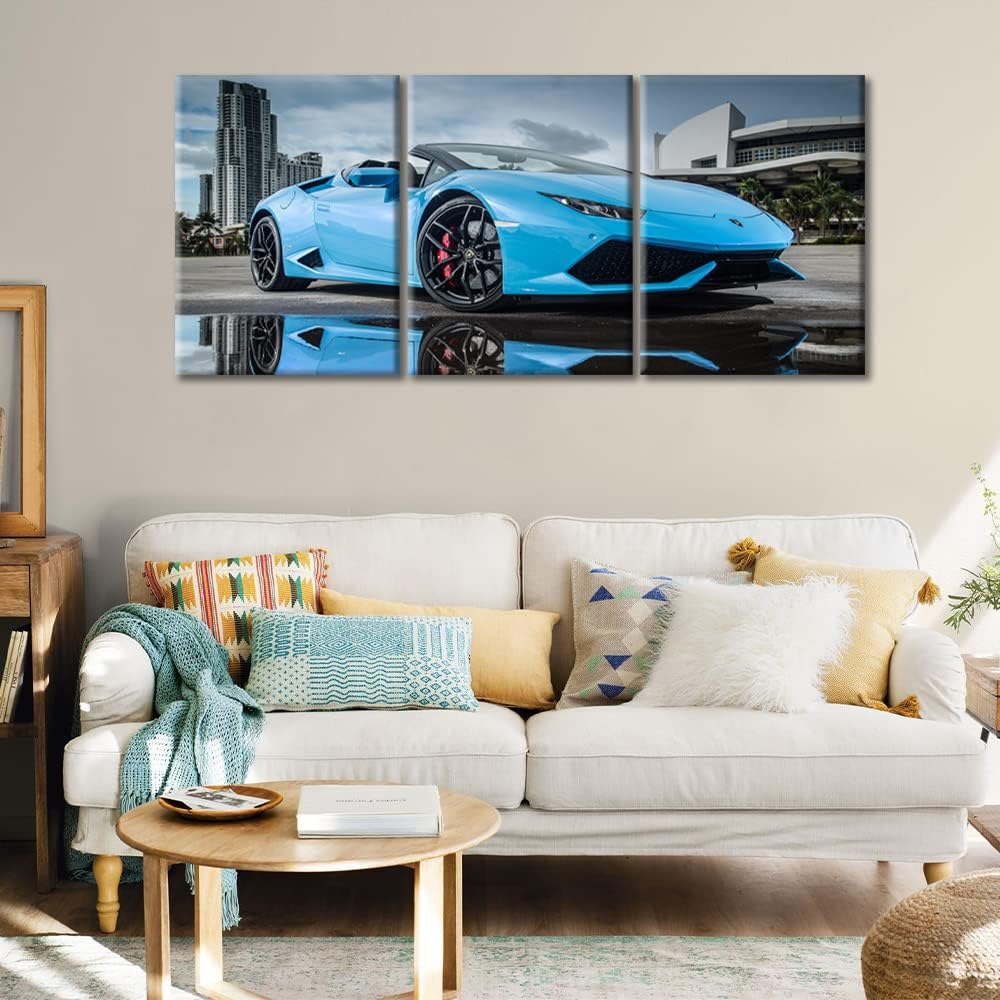 TUMOVO Blue Sports Car Wall Art for Bedroom Speed Super Car Canvas Painting Clouds Sky Large Wall Art for Living Room Open Car Contemporary Home Decor 3 Panels Stretched on Wooden Frame, 36" Wx16 H