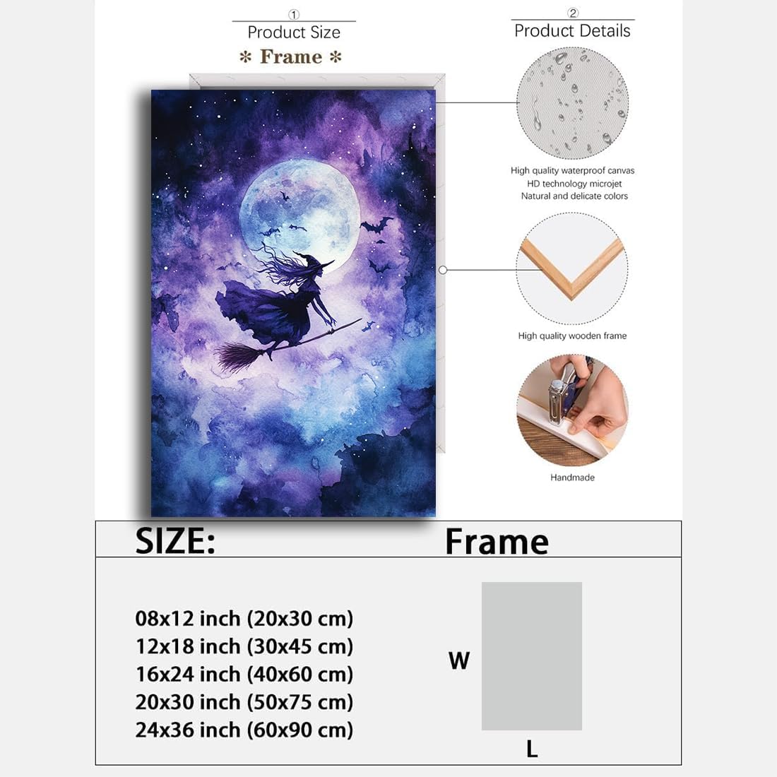 Witch On Broom Flying Wall Art,Gothic Halloween Canvas Wall Art,Victorian Witch Silhouette In Moonlight Broomstick Poster Pictures,Creepy Halloween Purple Night Sky Print,24"x36" Framed