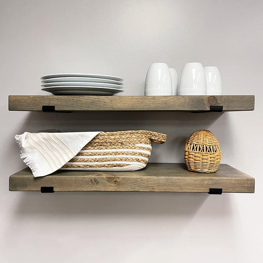 Rustic Shelves with J-Brackets Set of 2, Industrial Shelf, Kitchen Shelves, Solid Wood, Decorative Wall Storage, Heavy Duty, URBANDI (Grey, 24Wx8D)