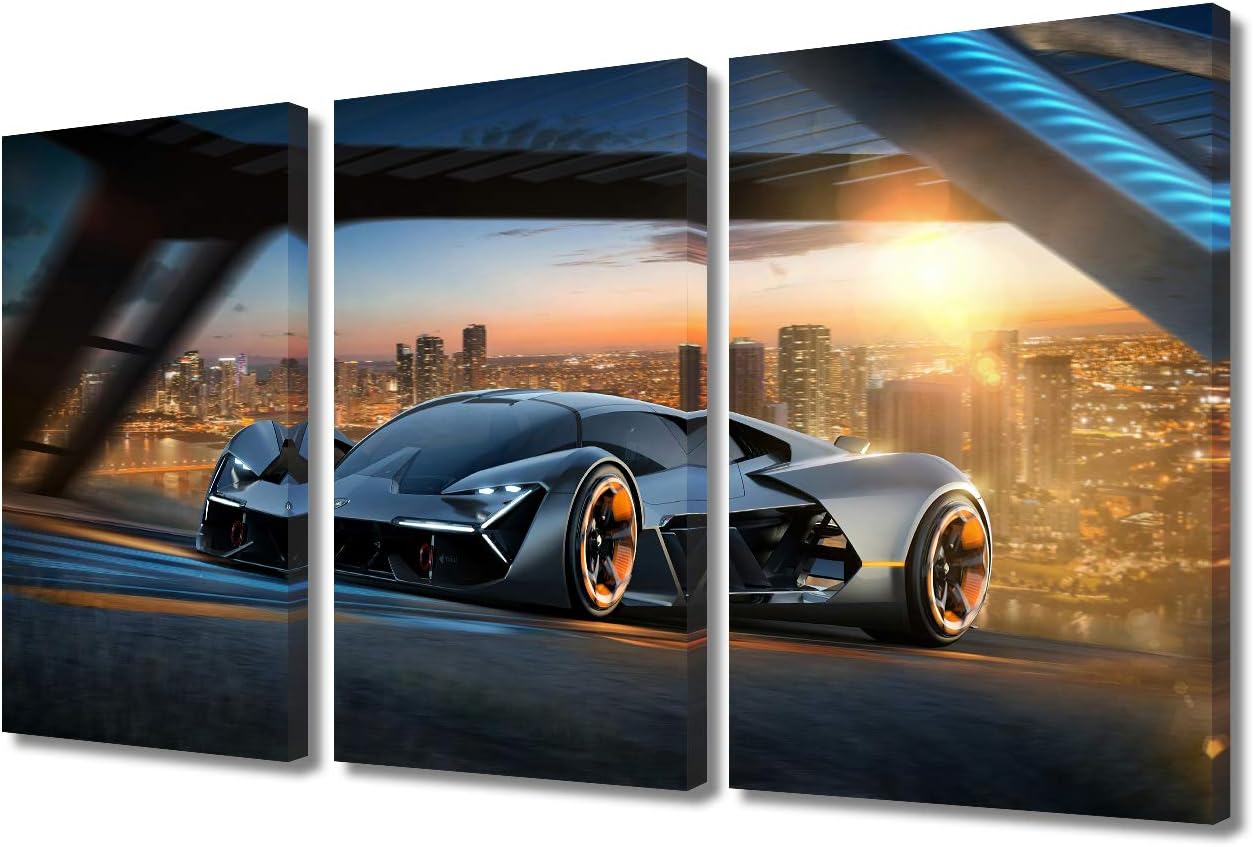Bedroom Pictures Wall Decor Gloomy Landscape Painting Sports Car Artwork Giclee Multi Panel Print on Canvas Wall Art Modern House Decor Framed Gallery-Wrapped Ready to Hang - 12 x 24 inch x 3 Pieces