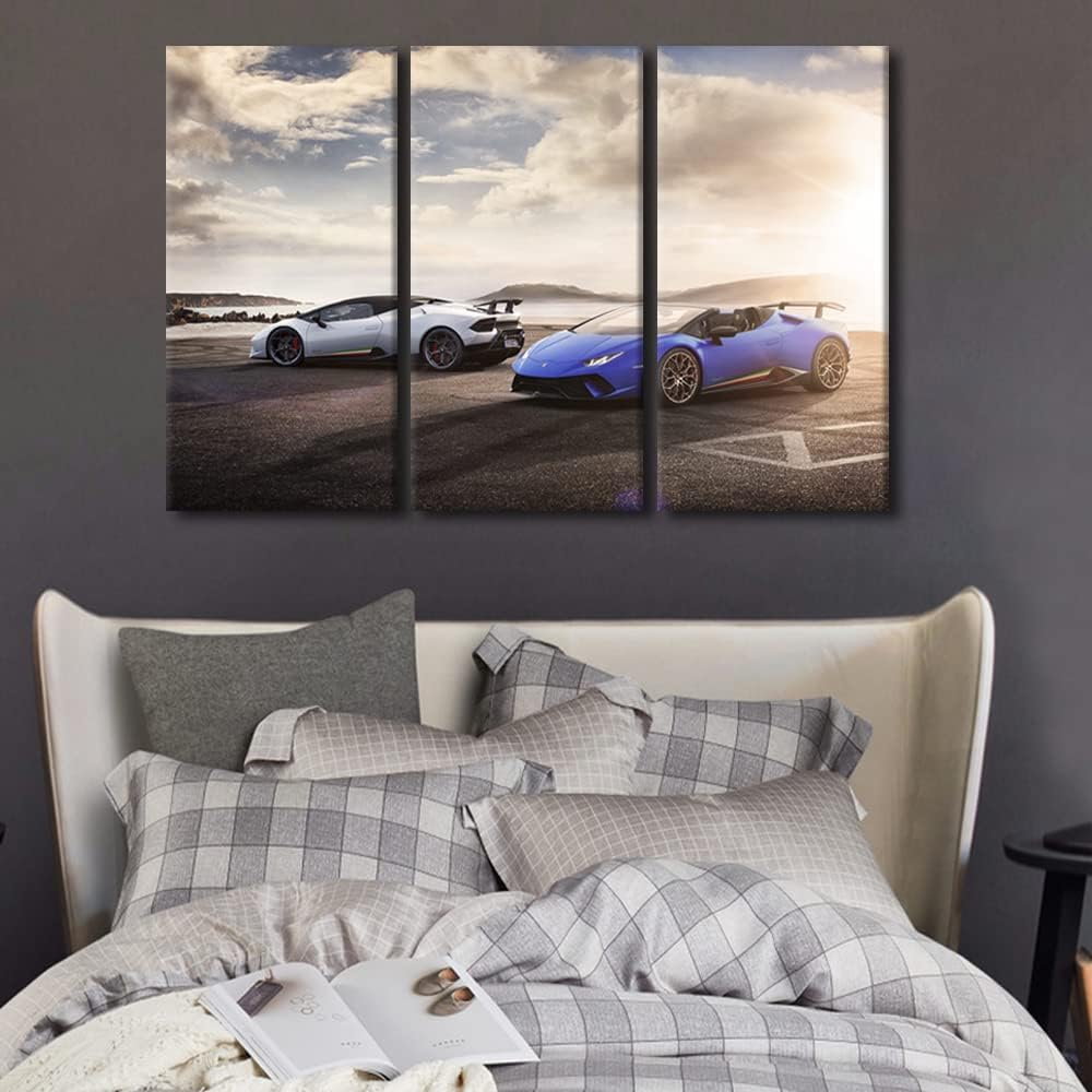 TUMOVO White Sports Car Canvas Wall Art Blue Super Car Posters & Prints Artwork Sunset Skyline Contemporary Home Decor Stretched Canvas Picture for Living Room Bedroom Home Office Decor, 42" Wx28 H