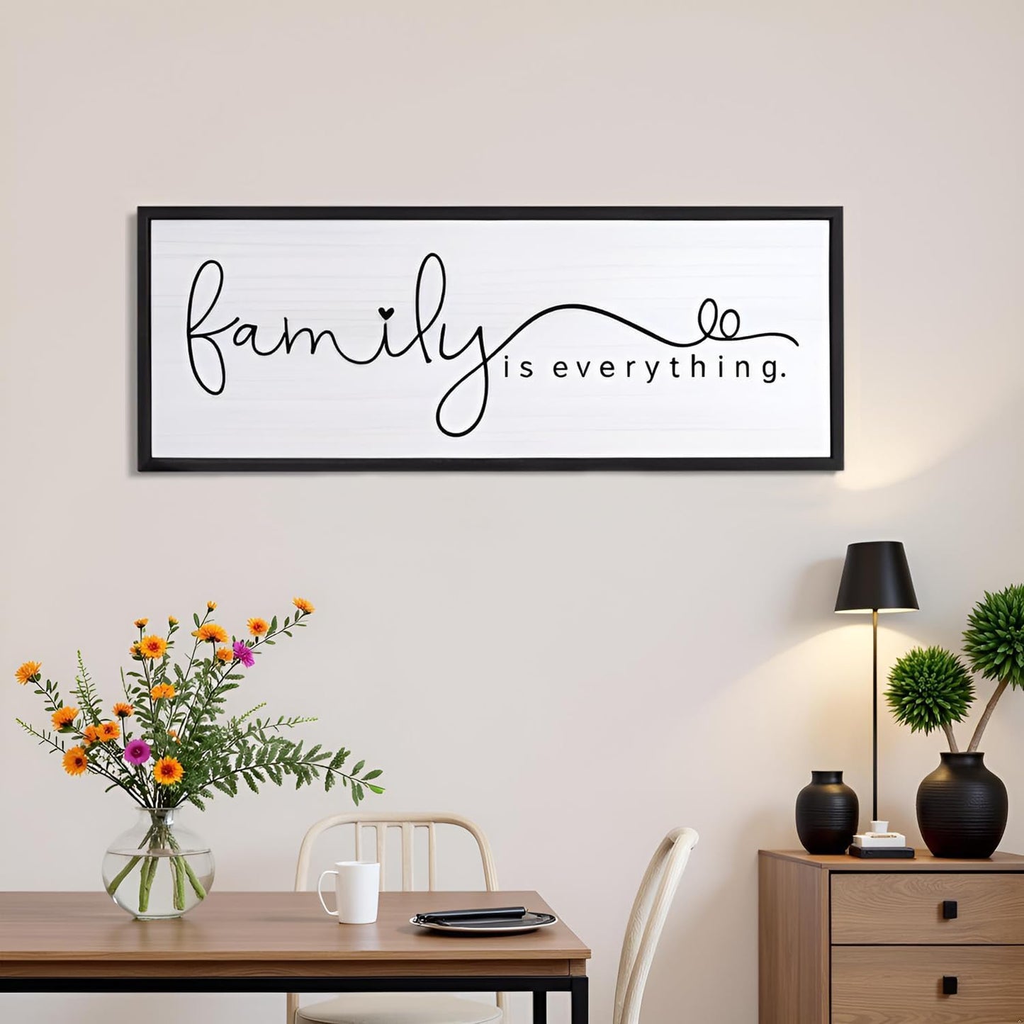 Foutcheou Family is Everything Wall Decor Sign 32"×12" for Family Living Room Large Wood Framed Wall Art Hanging Decoration (Black)