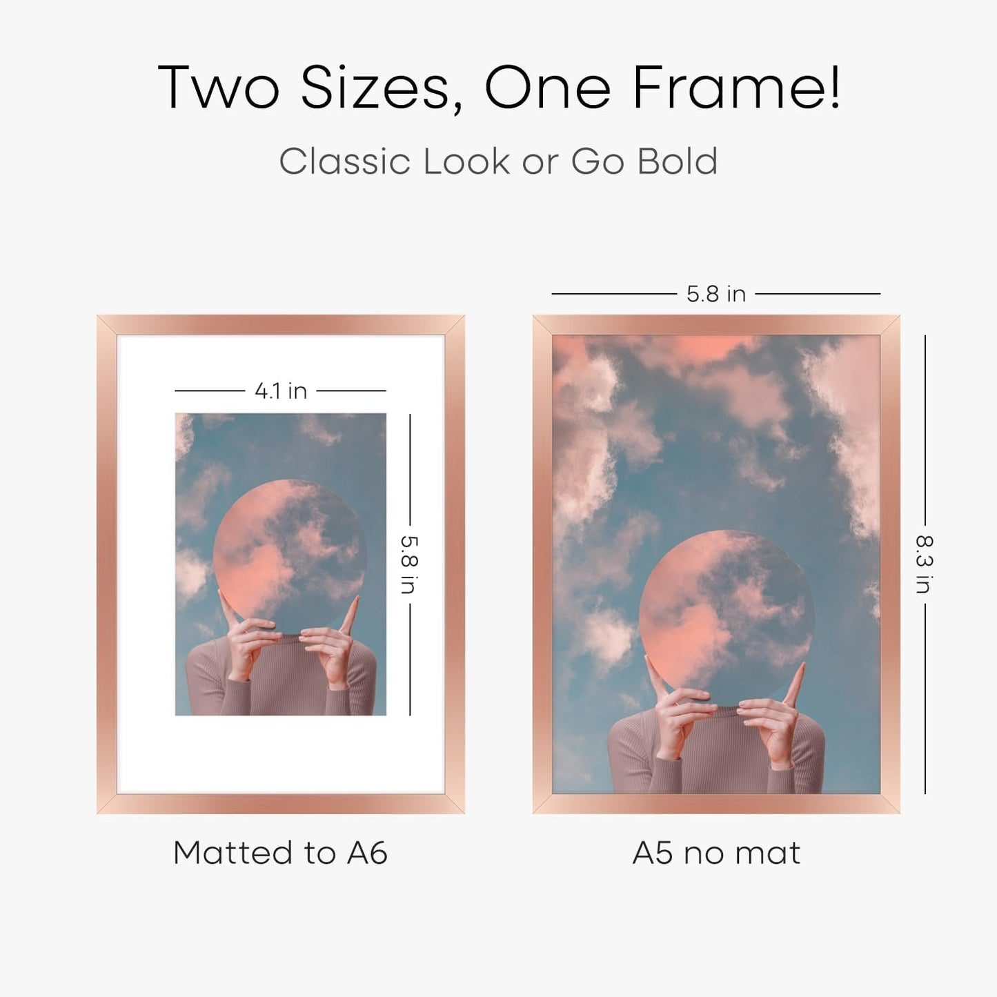 Homeforia A5 Frame Rose Gold, High End Metal 5.8 x 8.3 Picture Frames Matted to 4.1 by 5.8 inch Art, A5 Display Photo Frame with Mat A6, 5.8x8.3 Rose Poster Frames, Tempered Glass, Wall Kit, Set of 1