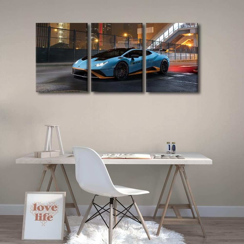 Wall Art for Living Room Blue Sports Car on the Street Canvas Wall Art Hypercar Contemporary Wall Art Posters and Prints Speed Car Modern Artwork Ready to Hang for Men Boys Bedroom Office, 36"Wx16"H