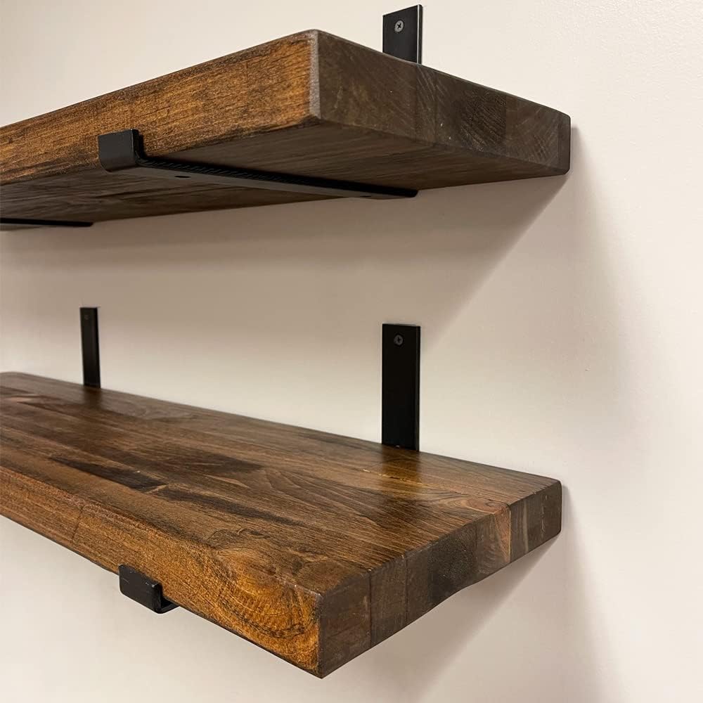 Rustic Shelves with J-Brackets Set of 2, Industrial Shelf, Kitchen Shelves, Solid Wood, Decorative Wall Storage, Heavy Duty, URBANDI (Provincial, 24Wx10D)