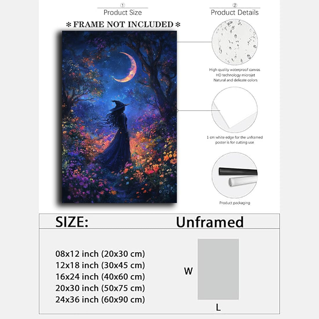 Vintage Halloween Witch Decor Mystic Gothic Wall Art Poster,Enchanting Witch Fall Whimsical Wildflowers Woodland Forest Crescent Moon Picture Art,Creepy Witchy Home Decor,16"x24" Unframed