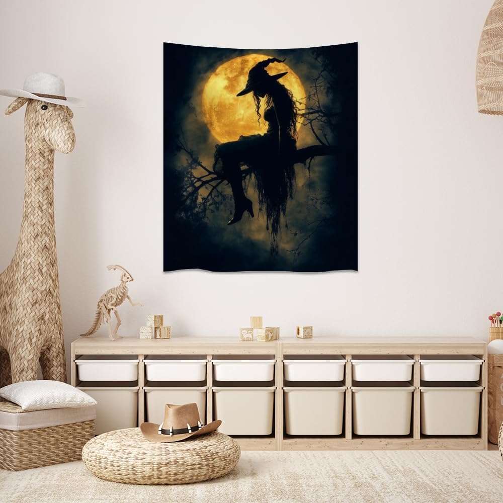 Halloween Witch Tapestry Wall Art Witchcore Moon Aesthetic Print Dark Academia Gothic Tapestries Wall Hanging Horror Ghost Halloween Party Decor for Home Living Room Bedroom 70x90inch
