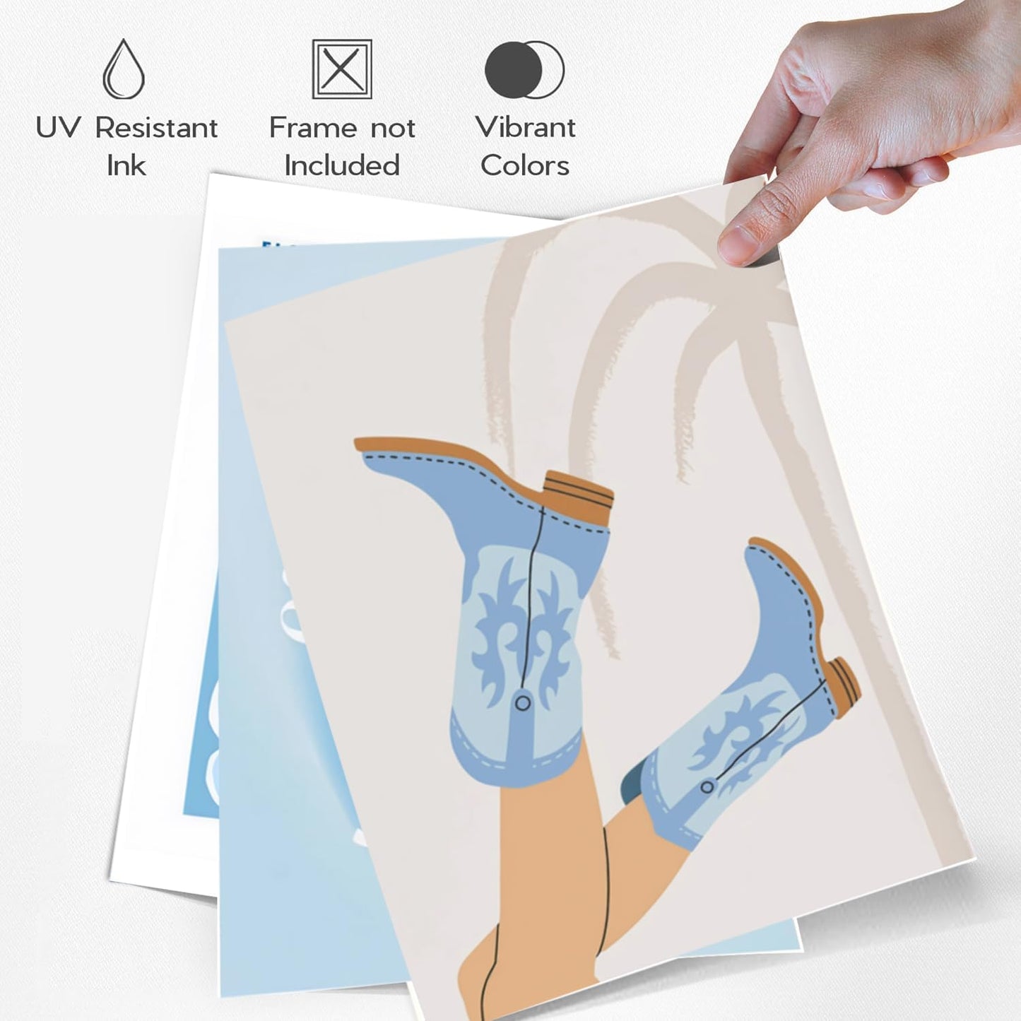 Blue Preppy Canvas Wall Art Posters Set of 3 Trendy Cowgirl Boots Home Decor Flower Market Painting Prints Coastal Aesthetic Picture for Girls Bedroom Bathroom Living Room Dorm 12x16Inch Unframed