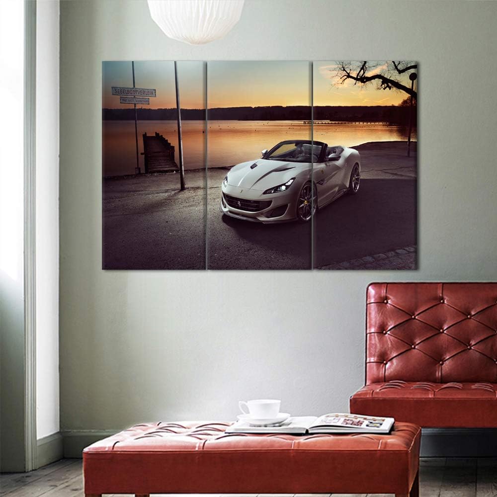 TUMOVO 3 Pieces Wall Art Landscape and White Sports Car Painting The Picture Print On Canvas Racing Car Pictures for Home Decor Decoration Gift Piece 40 x 20inch x 3 Panels
