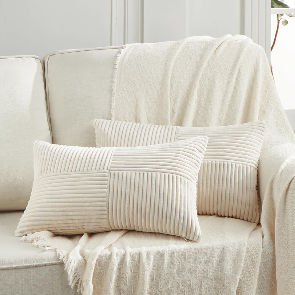 Fancy Homi 2 Packs Cream Lumbar Decorative Throw Pillow Covers 12x20 Inch for Living Room Couch Bed Sofa, Rustic Farmhouse Boho Home Decor, Soft Striped Corduroy Rectangle Accent Cushion Case 30x50 cm