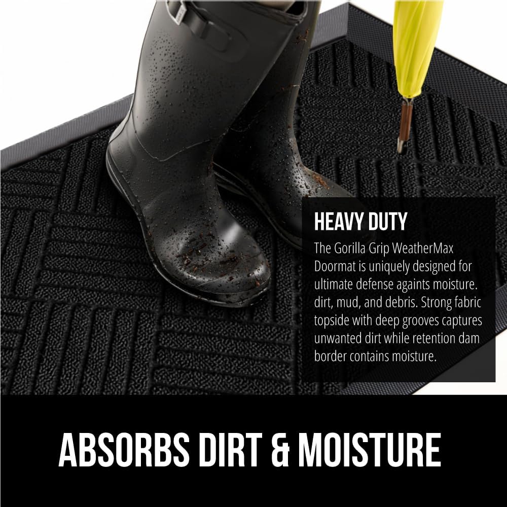 GORILLA GRIP 100% Waterproof All-Season WeatherMax Doormat US Designed Natural Rubber, Stain and Fade Resistant, Low Profile Indoor Outdoor Door Mats, Easy Clean Patio Mat, 23x35, Black Diamond