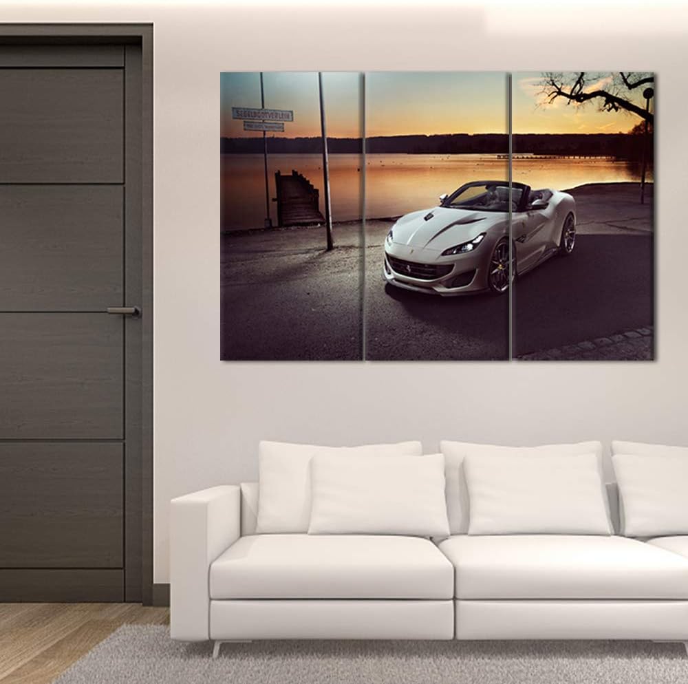 Landscape Canvas Print Wall Art Painting for Home Decor White Sports Car 3 Pieces Panel Paintings Modern Giclee Stretched and Framed Artwork the Picture for Living Room Decoration - 12 x 24 inch x 3