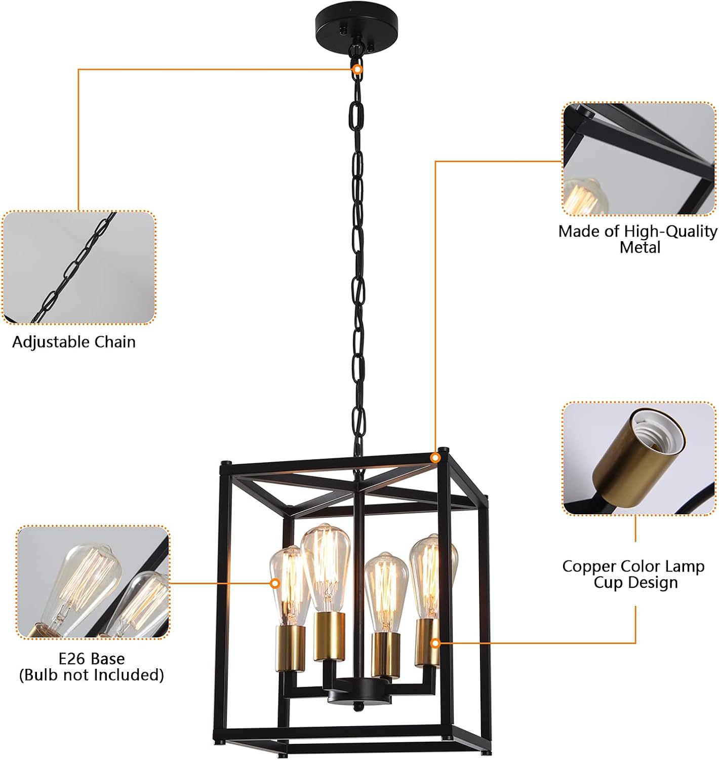 Lantern Pendant Light, 4-Light Gold Chandelier,Modernized Ceiling Hanging Light Fixture for Bedroom Kitchen Island Foyer Living Room Dining Room Hallway